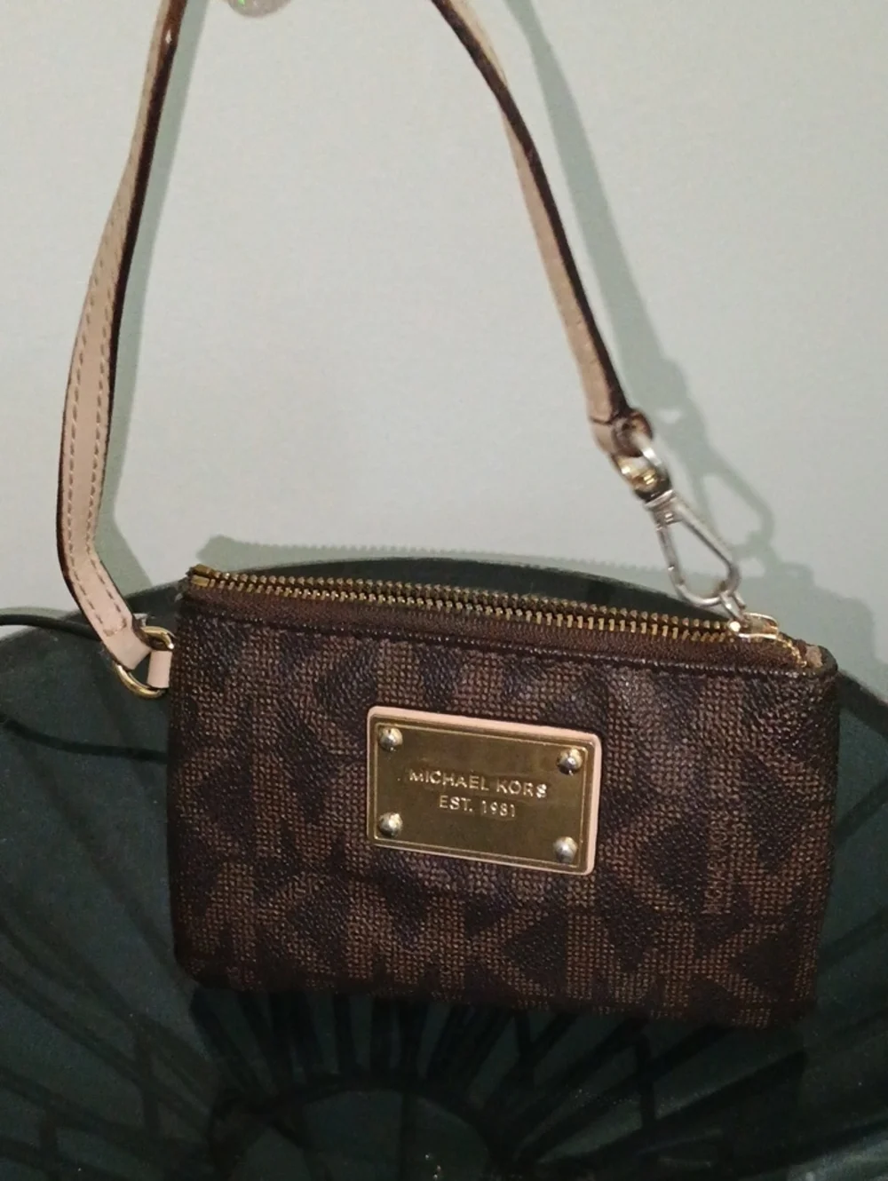 Michael Kors Brown Logo Wristlet with Gold Plate Accent